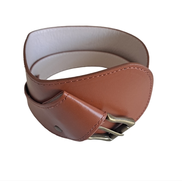 Asymmetrical Brown leather Western boho Gold buckle wide waist dress belt - Picture 12 of 14